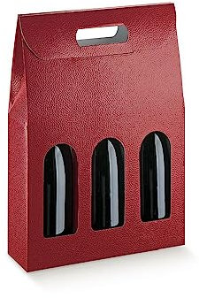 5 Scatole PORTABOTTIGLIE da 3 posti 27x9x38.5 cm con Finestre | 5 PORTA BOTTIGLIE 3 VANI CON MANICO MATRIMONI EVENTI SPECIALI (Pelle Bordeaux)