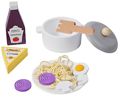 Accessoire Cuisine Enfant,Jouet Dinette Cuisine Enfant Bois,Jouet Aliment de Cuisine de Spaghetti,Jouet Montessori,Jeu d'Imitation Nouilles avec Casseroles et Poêles,Jouet éducatif pour Garçon Fille