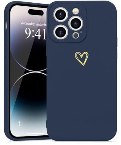 Wirvyuer for iPhone 14 Pro Case with Cute Heart Pattern Soft Shockproof Protective Silicone Phone Case for Women Girls, Navy Blue