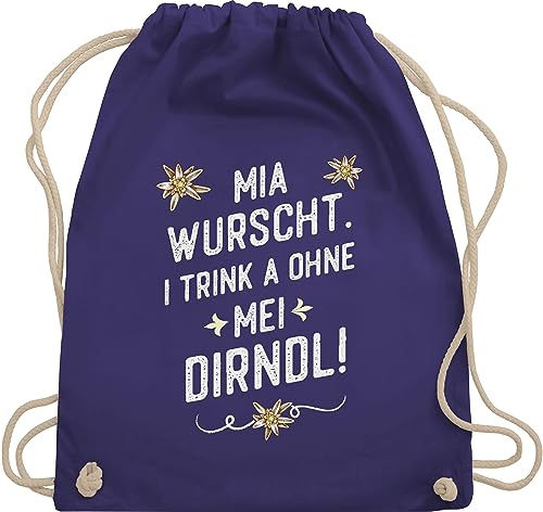 Turnbeutel Rucksack - Kompatibel mit Oktoberfest Tasche - Mia wurscht i trink a ohne mei Dirndl - Unisize - Lila - trachtentaschen bayrischer abend taschen trachtenrucksäcke tracht baumwolle