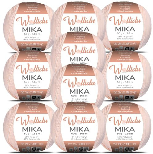 Wollidu Mika 51% Polyacryl 49% Baumwolle zum Häkeln und Stricken 10x 50g/165m Oeko-Tex Strickgarn Häkelgarn - Lachsrosa