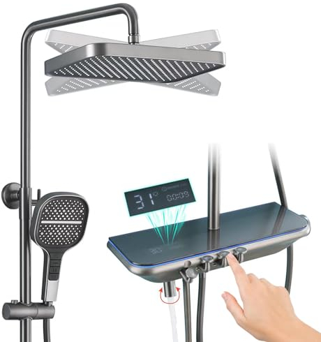 Duschsystem mit Thermostat, Wandmontiertes Duschset mit LED-Digitalanzeige, 35x22cm Duschkopf, Handbrause 3 Strahlarten, 360-Grad-Badewannen- und Bidet-Sprühgerät, Höhenverstellbare Duschstange(Grau)
