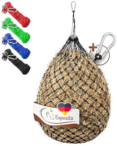 Esposita Heunetz für Pferde groß, Heusack, Heunetz engmaschig 3x3 cm Schwarz mit Ringen und Karabinerhaken, Heunetz Pferd Heusack für Pferde