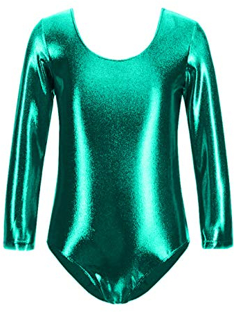 FUREINSTORE Gymnastikanzug für Tanz, Ballett, Gymnastik, klassisch, glänzend, elastisch, für Mädchen, langärmelig, Rundhalsausschnitt, Ballerina, grün, 12 Jahre
