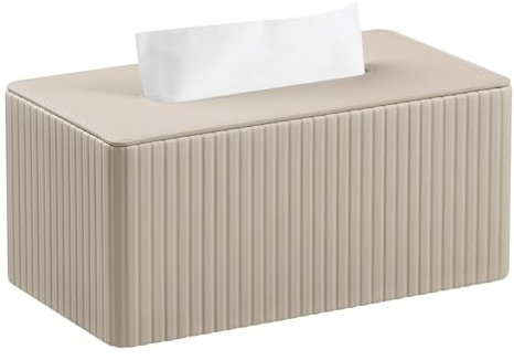 Meibooch, stilvolle Taschentuchbox-Hülle aus PU-Leder, rechteckiger Taschentuchbox-Halter mit magnetischem Bodenverschluss, für Badezimmer, Schlafzimmer oder Büro (Beige mit Rillenstruktur)