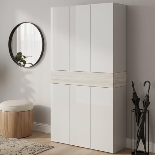 Dmora - Schuhregal Marzio, platzsparendes schuhregal mit 7 türen, multifunktionale eingangsgarderobe, 114 x 38 x 200 cm, weißer lärcheneffekt