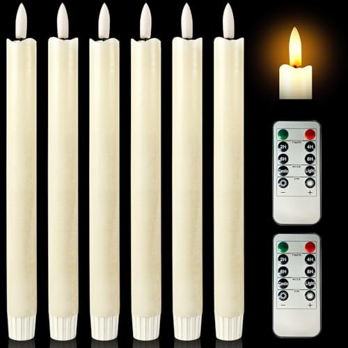 Sunnyes Real Wax LED Flameless Taper Candles with Remote, Timer, Dimmer, Ivory Battery Operated CandleSticks with Flickering Light 6packs Ivory White