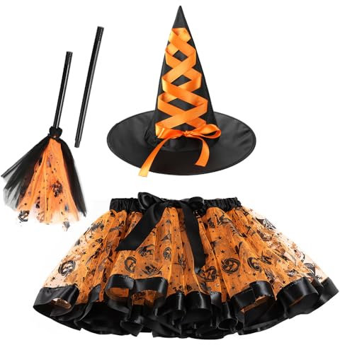 Veroda Halloween Outfits Witch Costumes Tutu Skirt Hat Witch Broom for Kids Girls Halloween Fancy Dress Cosplay Costume (Orange, L(Height:110-125cm))
