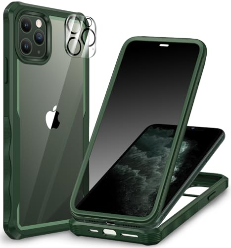 CENHUFO Sichtschutz Hülle für iPhone 11 Pro, mit Eingebautem Privacy Panzerglas Displayschutz und Kameraschutz, 360 Grad Handyhülle Schutzhülle Stoßfest Panzerhülle Anti Spy Cover Case - Grün