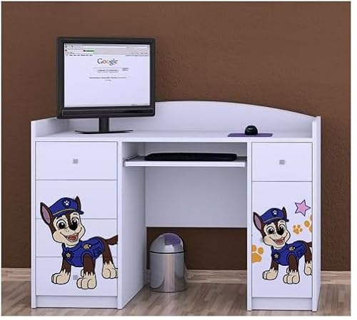 BDW - Schreibtisch für Kinder - Kinderschreibtisch Super Hunde - Drucke aus sicheren Farben - Kinderzimmereinrichtung - Schreibtisch mit Märchenmotiv - 125x89x60cm - Weiß - Hund eines Polizisten
