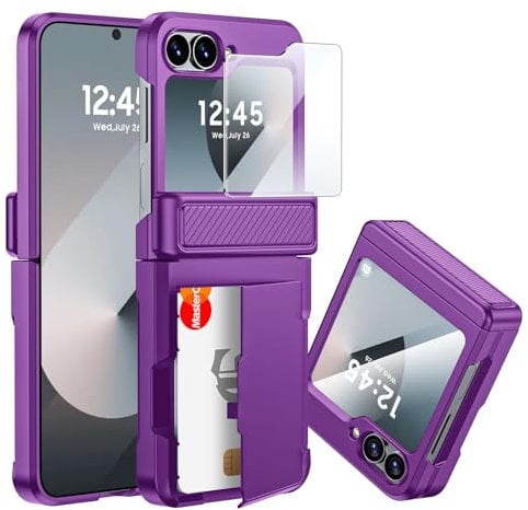 CENMASO for Galaxy Z Flip 7 FE/Z Flip 6 Case Built-in Card Holder, Z Flip 7 FE Wallet Case with Hinge Protection & Screen Protector, Shockproof Protection Case for Galaxy Z Flip 6(Purple)