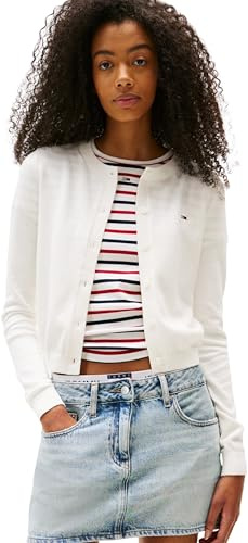 Tommy Jeans Damen Strickjacke Cardigan Essential Crew Neck mit Knopfleiste, Weiß (Ecru), XL
