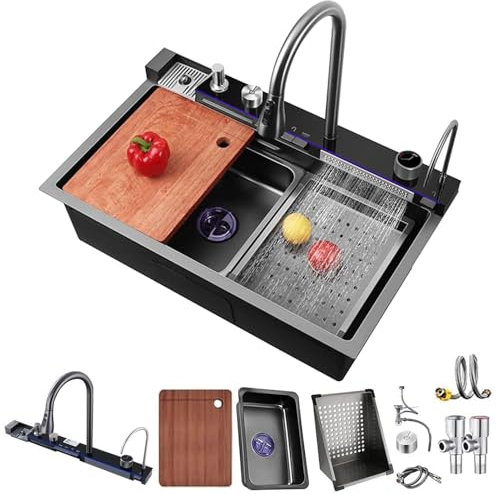 XNKLPY Lavello A Cascata Digitale, Lavandino Cucina A Cascata Multifunzione, Lavello da Cucina Consolle in Acciaio Inox con Lavatazze, Rubinetti Retrattili e 4 modalità di Spruzzo 80cm