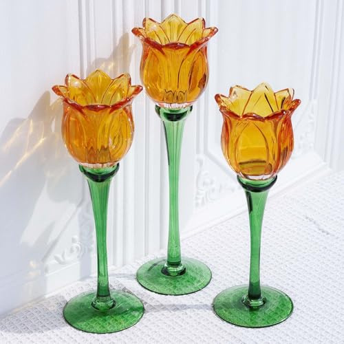 VOHO Lot de 3 bougeoirs votifs en forme de tulipes oranges pour décoration de printemps, élégants et hauts en verre, décoration de table, photophore tulipe pour mariage pour femme