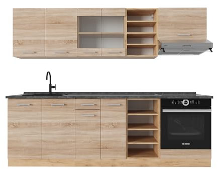 Vicco Küchenzeile R-Line, Küchenblock, Sonoma/Goldkraft Eiche, 240 cm, AP Anthrazit