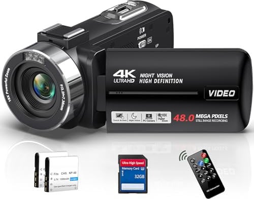 THPACIP 4K 48MP Video Camera Camcorder 30FPS with IR Night Vision,18X Digital Zoom Camera Recorder 3.0 LCD Touch Screen Vlogging Camera for YouTube with Controller, 32GB SD Card, 2 Batteries