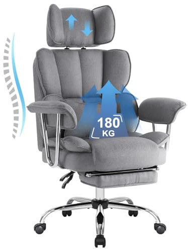 IWMH Bürostuhl Ergonomischer mit Fußstütze und Lendenwirbelstütze, Bürostuhl Chefsessel 200KG, Drehstuhl mit Armlehnen und Kopfstütze Höhenverstellbarer (Grau)
