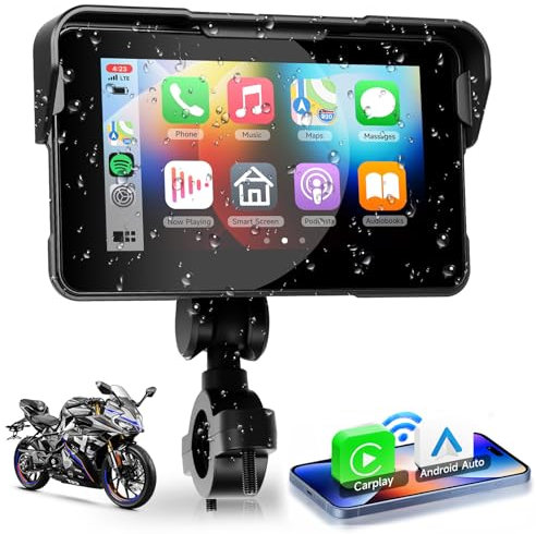 VECHTEL Wireless CarPlay da 5 pollici Schermo per moto CarPlay portatile e Android Auto, touchscreen impermeabile Bluetooth,Nav/Assistente Siri/12V, il monitoraggio della pressione dei pneumatici