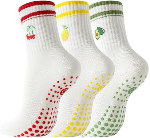 BISOUSOX Pilates Socken Damen Streifen Yoga Socken für Fraue 3 Paare Baumwolle Stoppersocken für Schwangere Frau Größe 36-40 Weich Bequem Rutschsocken für Fitness Yoga Geburtstagsgeschenk