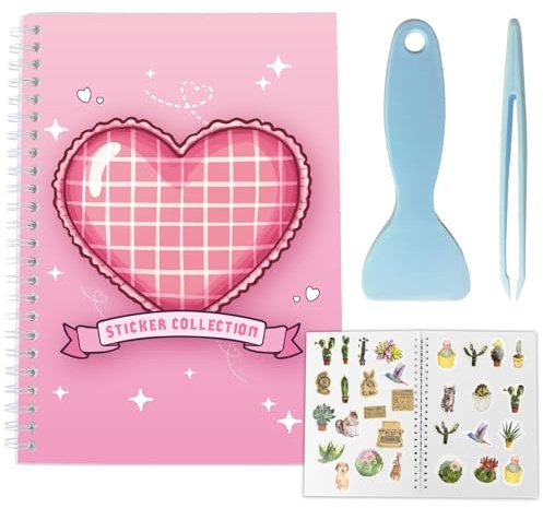 craspire 40 Blatt Wiederverwendbares Sticker Aufbewahrungsbuch Sticker Sammelalbum A5 Trennpapier Roter Herz Einband Wasserfester Etiketten Aufbewahrungs Organizer Mit Pinzette Und Schaber