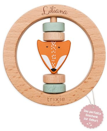 TRIXIE Holzrassel Baby, Rassel Holz Greifling Jungen und Mädchen, rund | Klangvolles Rassel-Set mit Rasselsteine für Jungs Mädels, sicheres Erstlingsspielzeug ab 6 Monate, Öko-Babyspielzeug