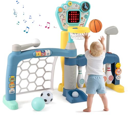 COSTWAY Juguete Deportivo 5 en 1 para Niños, Centro de Actividades para Niños con Aro de Baloncesto Ajustable, Meta de Fútbol, Golf, Bolos y Béisbol, Juguete Interactivo con Luces y Sonidos