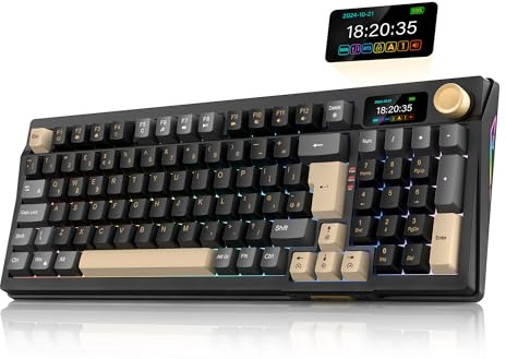RedThunder K95 Wireless Mechanical Gaming Keyboard,w/Customizable Display & Knob,Gasket-Mounted,3 Mode 2.4G/BT/USB-C,UK Layout 96 Keys,Hot Swappable Pink Switch PBT Keycaps,8000mAh Battery(Black Gold)