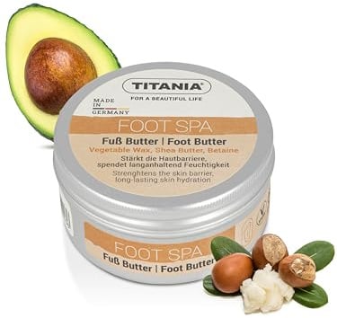 TITANIA Beurre de pieds pour pieds secs, soin intensif et masque pour les pieds avec beurre de karité et huile d'avocat – Certifié Cosmos Natural, crème pour les pieds végétaliens, effet doux pour les