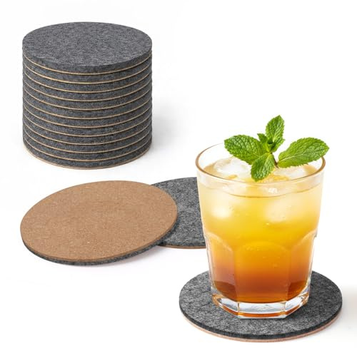 THMINS Set di 12 sottobicchieri in feltro e sughero, double face, resistenti al calore e antiscivolo, adatti per l'uso su tavoli, bar, tazze e bicchieri (grigio scuro rotondo)