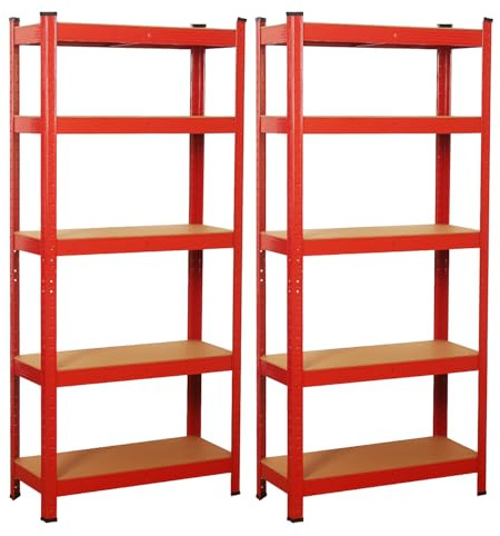 Signzworld 2er Set Schwerlastregal, Befestigungsmaterial 1750kg, 10 Verstellbare Ablagen, Kellerregal Lagerregal Steckregal Metallregal Werkstattregal (Rot, 90x40x180cm)