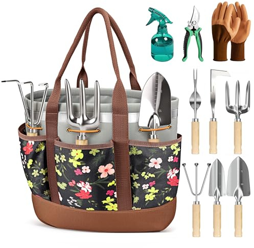 Floraxa 10-Piece Garden Tool Set with Reinforced Storage Bag, Heavy-Duty Stainless Steel Gardening Tools with Premium Ergonomic Ash Wood Handles, Professional Rust-Proof Garden Gift Set for Women Men