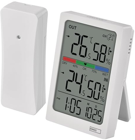 EMOS - Digitaler Thermometer und Hygrometer mit kabellosem Sensor, 100 m Reichweite - Temperatur- und Feuchtigkeit-Trend, Komfortanzeige, Datum, Uhrzeit mit Wecker-Funktion - batteriebetrieben - weiß