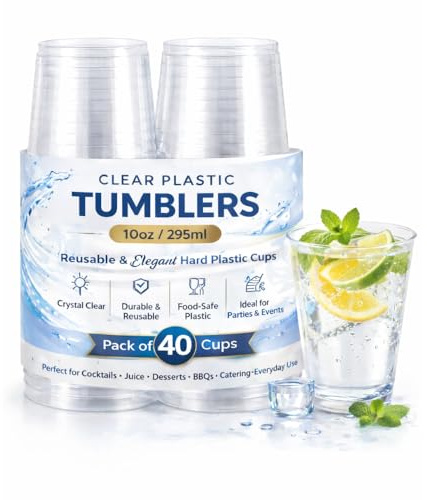 eMKay® Pack of 40 – 10oz Clear Plastic Tumblers | Reusable Hard Plastic Cups for Cocktails, Juice & Desserts | Elegant Party Drinkware for Events, BBQs & Catering