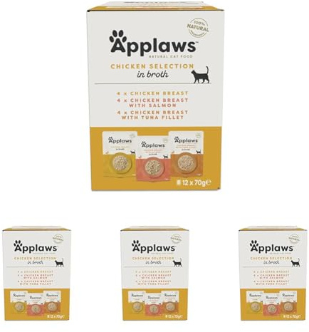 Applaws 100% Natural Wet Cat Food, Pouch Multipack Chicken Selection in Broth, 70 g (12 x 70 g Pouches) (Pack of 4)