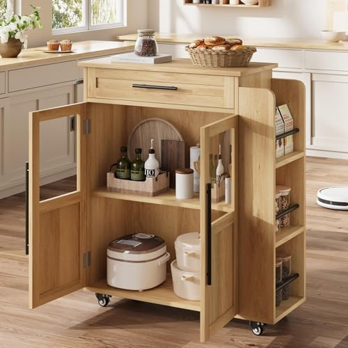 Crevyteg 24 Kitchen Island, Multi-Functional Island Table with 2 Glass Door Cabinets and 1 Drawer, Counter Table with Spice Rack and Towel Bar for Kitchen and Dining Room, Natural