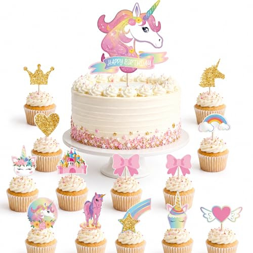 Fesnova Einhorn Tortendeko, 13 Stück Einhorn Cake Topper, Einhorns Cupcake Deko, Unicorn Cake Topper mit Regenbogen, Liebe, für Einhorns Deko Kindergeburtstag, Hochzeit