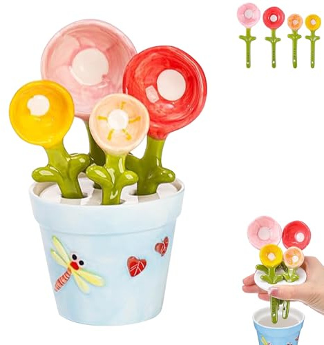 Flower Pot Measuring Spoons Set,4PCS Flower Measuring Spoons with Pot, Ceramic Cute Decorative Flower Pot Measuring Spoons and Cup Set for Baking (A)