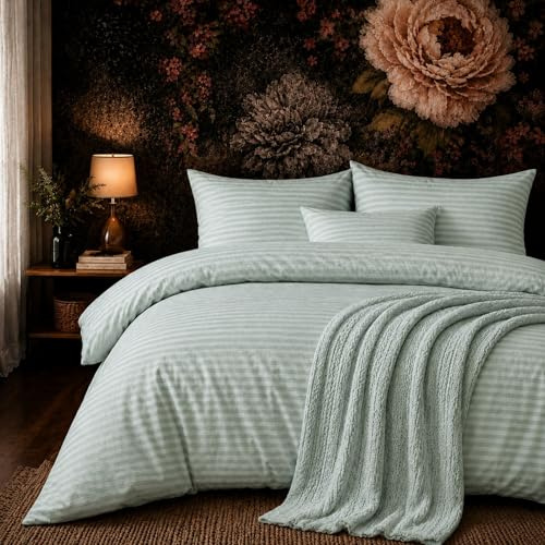 ZIRVEHOME Bettwäsche 135x200 cm 2-teilig – Grün Bettbezug mit feinem Streifenmuster – 1x Bettbezug 135x200 + 1x Kissenbezug 80x80 – Renforcé Baumwolle – Pflegeleichte Ganzjahresbettwäsche Damast Grün