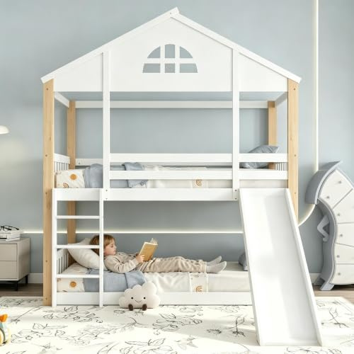 Su & Chan Legence Etagenbett mit Rutsche und Treppe, Hausbett 90x200 cm mit Rausfallschutz und Zäunen für 2 Kinder, Hochbett aus Massivholz mit Lattenrost, Weiß und Natur