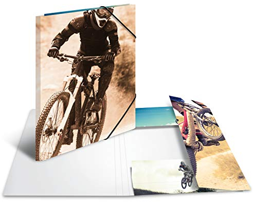 HERMA 19234 Sammelmappe A3 Sport Mountainbike, Kinder Eckspanner-Mappe aus Pappe mit Innendruck & Gummizug, stabile Einschlagmappe aus Karton für Jungen & Mädchen
