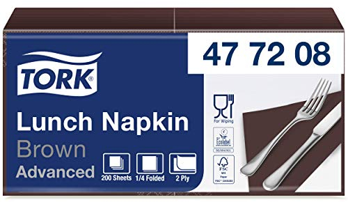 Tork 477208 Lunchservietten Braun / 2-lagige Servietten für kleine Gerichte & Snacks / Advanced Qualität / 10 x 200 (2000) Papierservietten / 32,6 x 33 cm (B x L) / 1/4-Falz