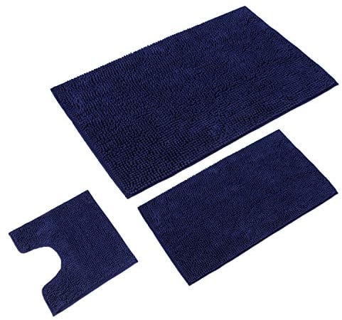 WohnDirect Badematten Set 3 teilig Dunkelblau • WC Vorleger (45x45cm), Badematte (50x80cm,70x120cm) • rutschfest waschbar Badezimmerteppich MIT WC-Ausschnitt