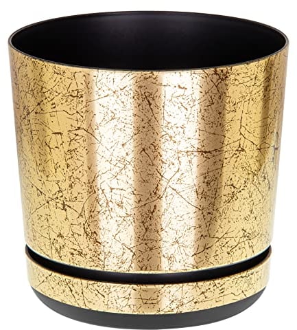 KORAD Old Gold Flower Indoor Plant Pot with Saucer Plastic Gloss Decorative Small Planter with Drainage Holes, 6 Sizes, 25 Colours (12 cm - 4.7 inch)
