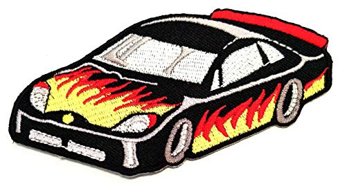 Nipitshop Patches Black Car Flame Patch Supercar Racing Cartoon Embroidered Iron Patch Sew On Patch Clothes Bag T-Shirt Jeans Biker Badge Applique for Happy Birthday Gift