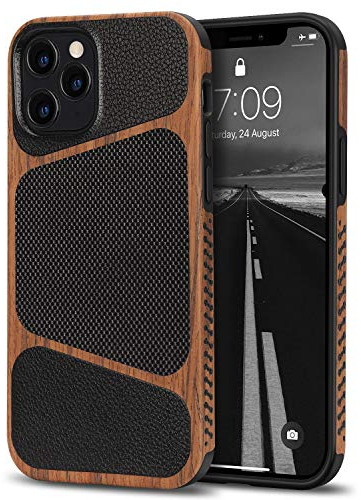 Tasikar Compatible with iPhone 12 Pro Max Case Easy Grip Wood Grain with Nylon Fabric Leather Design Hybrid Slim Case Black