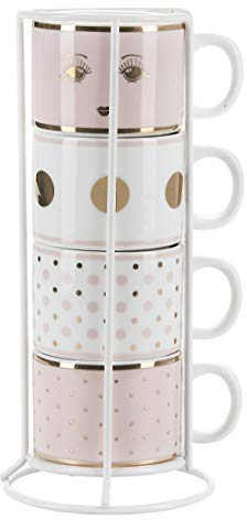 Miss Etoile 4 Espressotassen Stapeltassen für Espresso Rosa Weiß mit Ständer Espresso-Tassen Mokkatassen Mokka-Tassen 55ml Knochenporzellan Kaffeetassen Klein Kaffee-Tassen Kaffeebecher