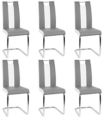 Esszimmerstuhl mit Hoher Rückenlehne, Schwingstuhl Set, 6-er Set, Grau + Weiß