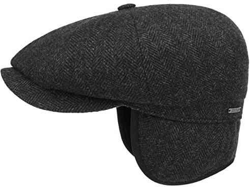 Stetson Hatteras Classic Ear Flaps Flatcap - Schirmmütze aus 100% Wolle - Fischgrätmuster - Wollcap mit Ohrenschutz - Made in The EU - Herren - Herbst/Winter schwarz-grau 61 cm