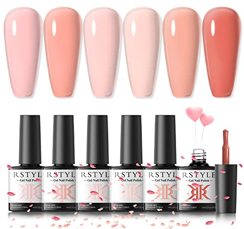 RSTYLE UV Nagellack Set, 6 Farben Nude Jelly Natur Rosa Pink Schellack Nagellack Gelnägel Set Soak Off UV LED Nail Gel Polish für Nail Art DIY Salon Maniküre Geschenkset 6ML