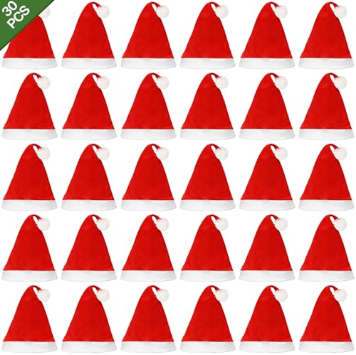 Amzeeniu Cappello di Natale Set da 30 Pezzi Cappello di Babbo Natale,Cappello da Babbo Natale per Adulti,Morbido e Confortevole,Elastico,Adatto per Costume Natalizio Classico Feste, Decorazione Rosso